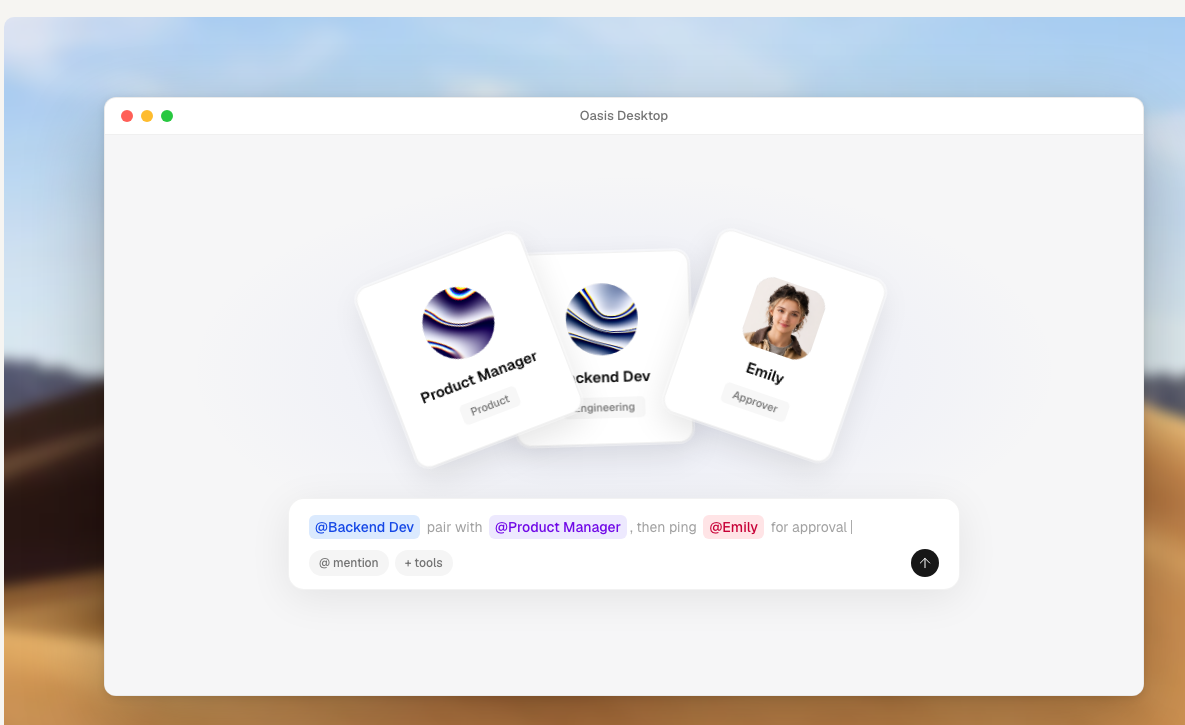 Desktop workspace with three collaborators and an agent prompt